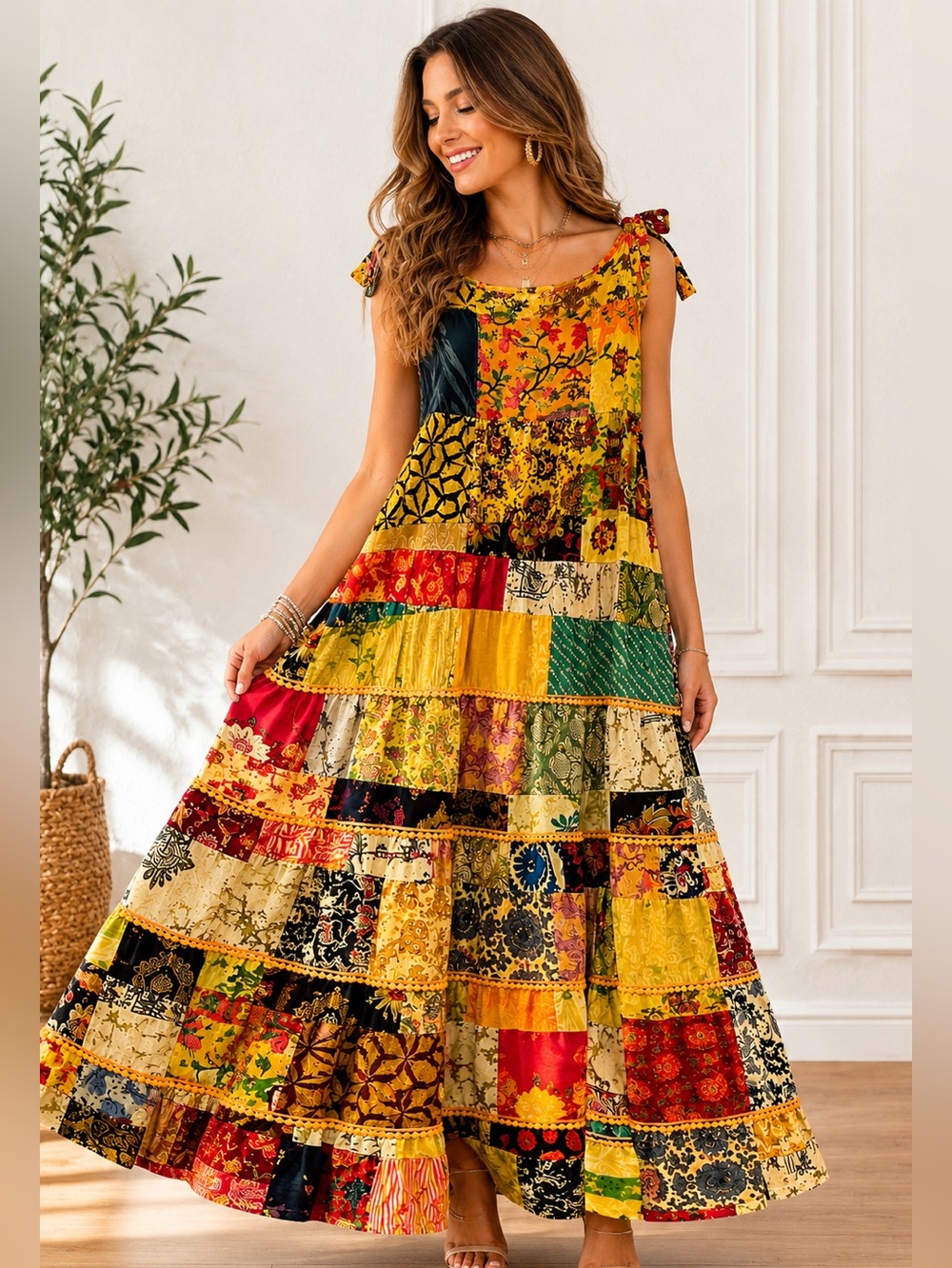 Bohera Savannah’s Serendipity Yellow Patchwork Maxi Dress Cottagecore Size Large